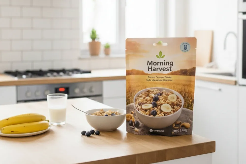 Bedruckter Standbodenbeutel für Müsli auf einer Küchentheke Bedruckter Standbodenbeutel für Müsli auf einer Küchentheke