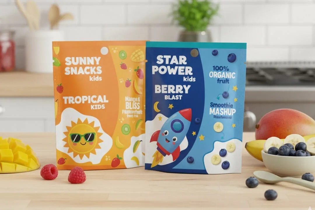zwei Bedruckte Standbodenbeutel für Kindermüsli zwei Bedruckte Standbodenbeutel für Kindermüsli